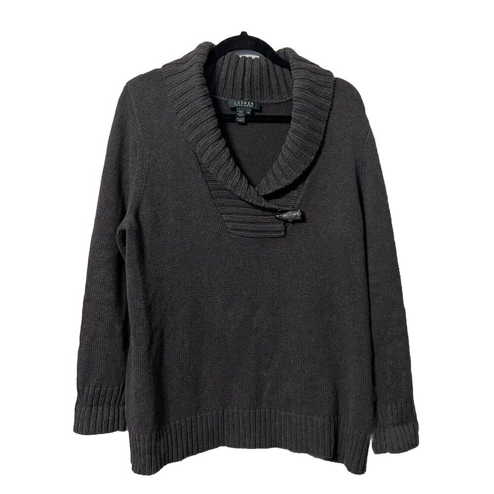 Lauren Ralph‎ Lauren Womens 1X Knit Sweater Gray Taggle V Neck Preppy Minimalist